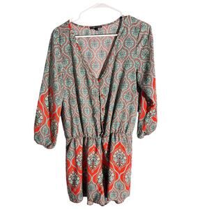 Cmm Cmm Red & Teal Boho Print Long Sleeve Romper – Size L